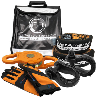 GearAmerica Off Road Recovery Kit, 25 Ton, Includes Tow Strap, Tree Saver, Mega Snatch Block Pulley, D-Ring Shackles, Winch Line Dampener Bag, Gloves - Off Road Recovery Gear, 4x4, Black