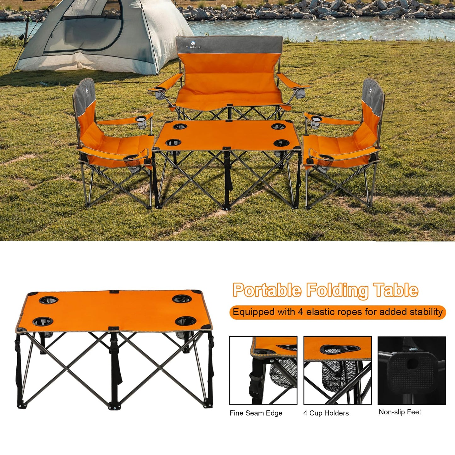 CAMPHILL Camping Set of 4 including Table. Heavy Duty Outdoor Folding Chairs with Cup Holder. Collapsible, Includes One Sofa & Two Single Chairs, Plus Camping Table