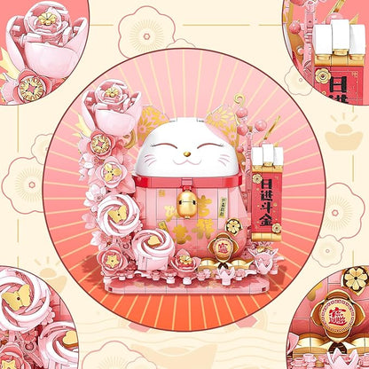Lucky Cat Building Block Set Compatible with Lego Cat 868Pcs Cute Fortune Cat with Flowers Building Blocks Christmas Birthday Creative Gift for Girls Boys Adult (Pink Cat)