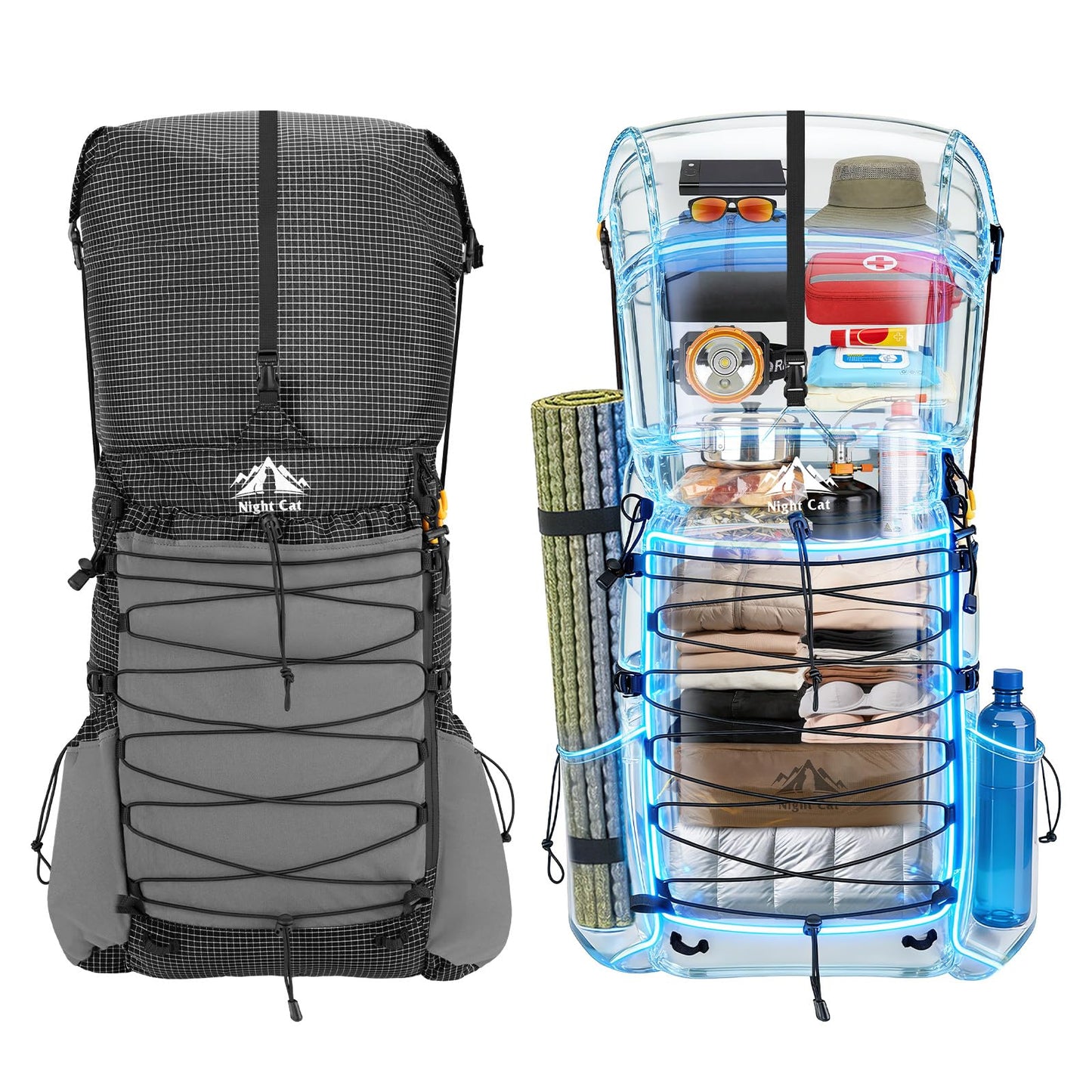 Night Cat Internal-frame Hiking Backpcack: 50L / 60L / 70L Roll Top Lightweight Travel Backpack with Rain Cover for Men Women Hiking Camping Backpacking Black