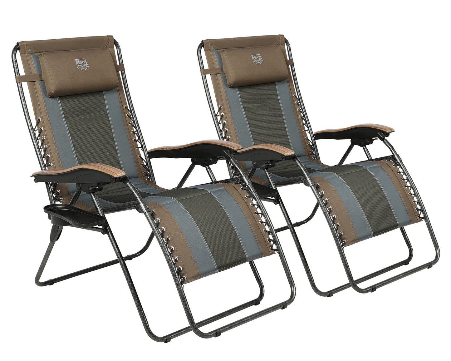 TIMBER RIDGE Outdoor Reclining Padded with Adjustable Headrest and Cup Holder Foldable Zero Gravity Lawn Chair for Adults, Supports 350 LBS, Brown-2 Pack