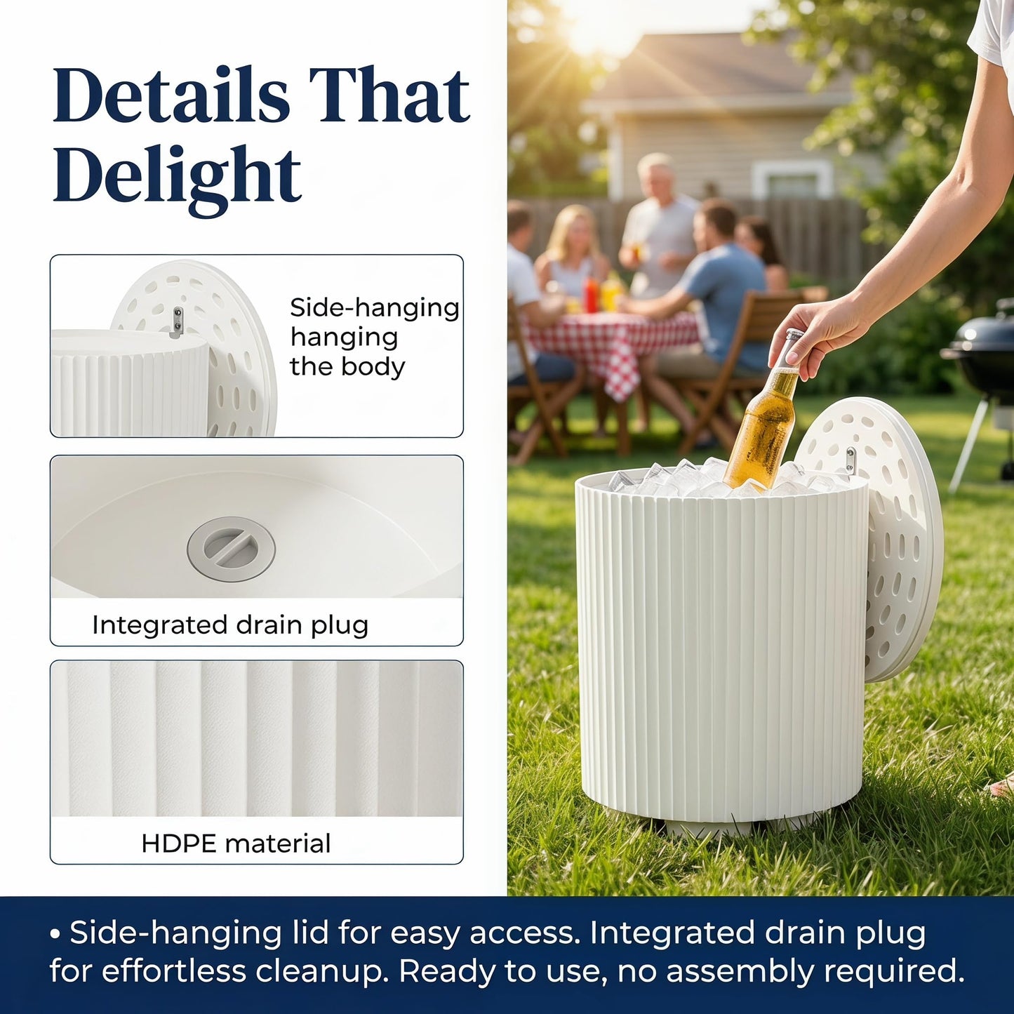 Zapdos 3-in-1 Outdoor Cooler Side Table, Portable Ice Chest Side Table, 16.65in Gallon Patio Ice Bucket, 330lbs Capacity, No Assembly, White, 2 Pack