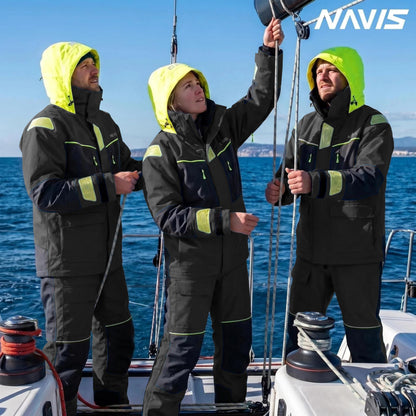 Men's Ocean Sailing Suit Offshore Sailing Jacket & Bib Pants Combi Clothes Set - Hi-Vis Wet Weather Gear Hips & Knees Patches (Black, Large)