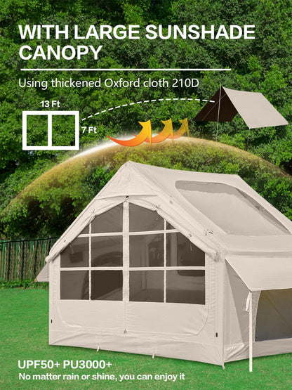 InflatableTent for Camping,4-6 Person Glamping Tent Blow Up Air Tents House Easy Setup for 4 Seasons Waterproof Oxford Family Tent with Large Tarp & Two Skylight.