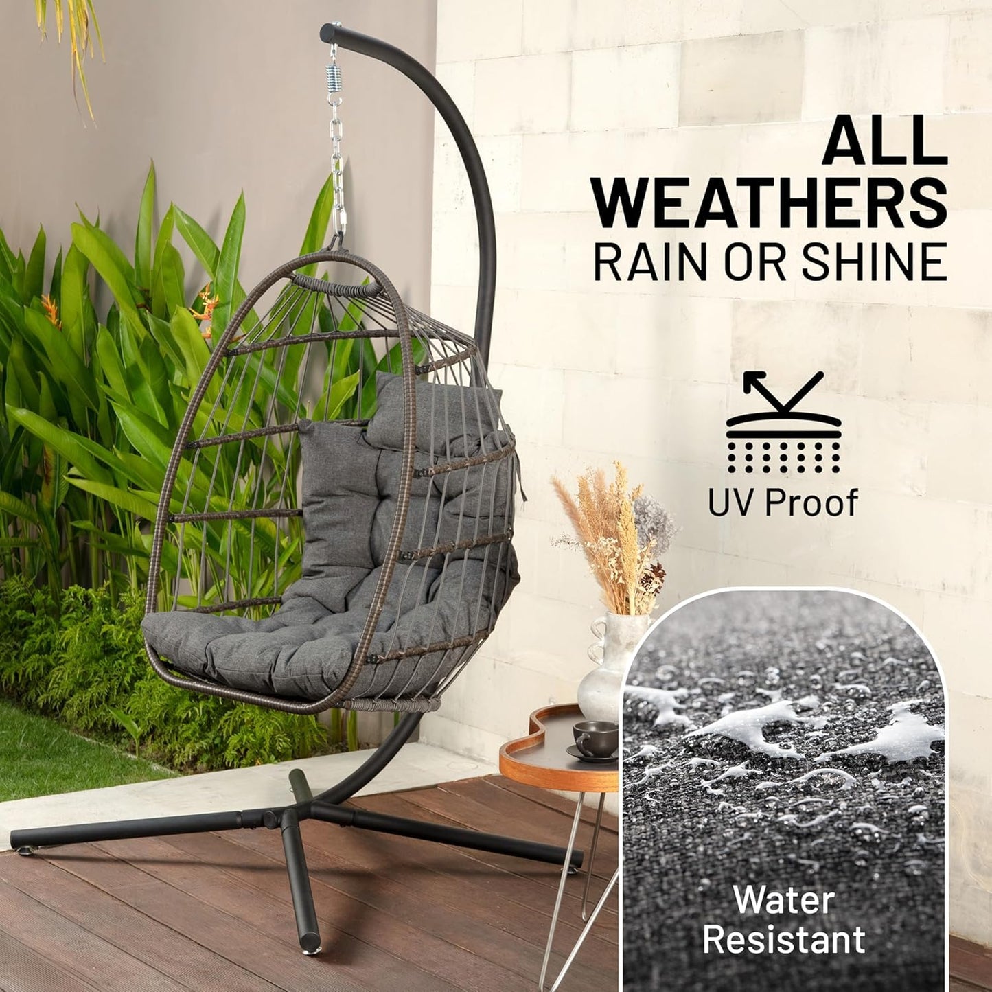 SereneLife Egg Chair with Stand – Hanging Rattan Wicker Swing for Indoor Outdoor Use – 350 lbs Capacity, Breathable Cushion & Headrest – Patio, Balcony, Porch, Bedroom Lounge Furniture