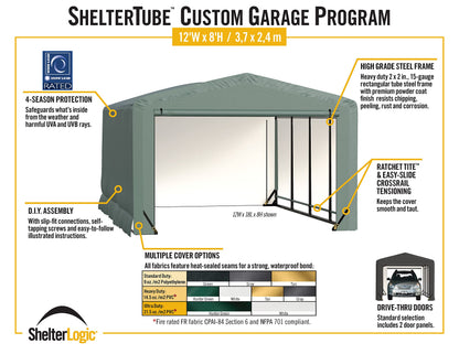 ShelterLogic ShelterTube Garage & Storage Shelter, 12' x 18' x 8' Heavy-Duty Steel Frame Wind and Snow-Load Rated Enclosure, Green