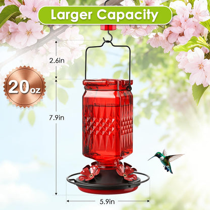 Skiennix 20oz Glass Hummingbird Feeder - Outdoor Hanging Design with Bee Guard & Ant Moat | Red (2 Pack)
