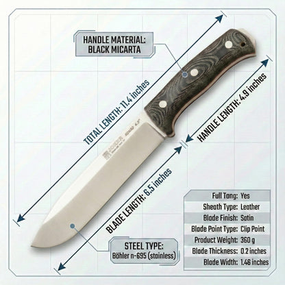 Joker Nomad 6.5 CM137-F Survival Knife, 6.5 in Böhler N695 Steel Blade, Black Micarta Handle, Kydex Sheath with Ferro Rod, Made in Spain, for trail use, shelter prep, food prep and hunting camps