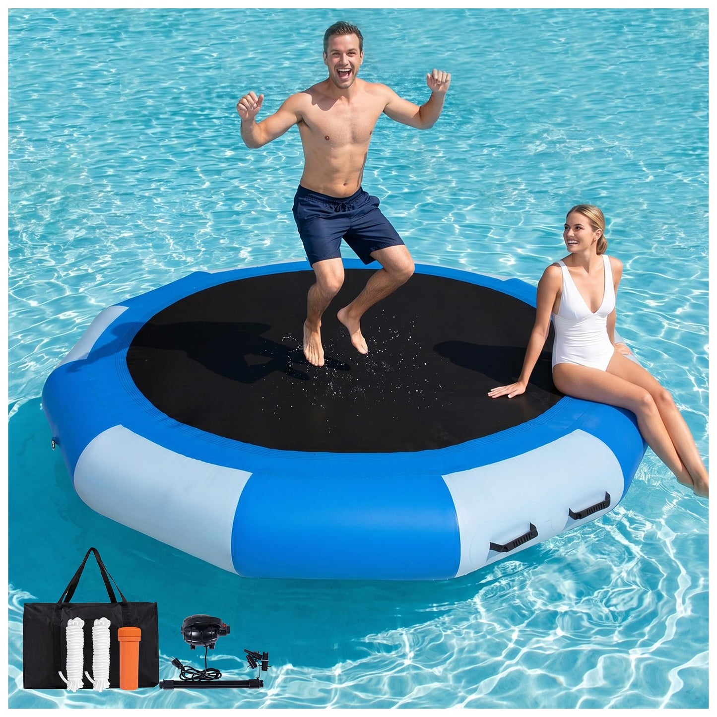 GIRISHIP Inflatable Water Trampoline, Floating Lake Trampoline for Adults Portable Bounce Swim Platform for Lake, Pools with Pump and Rope Ladder