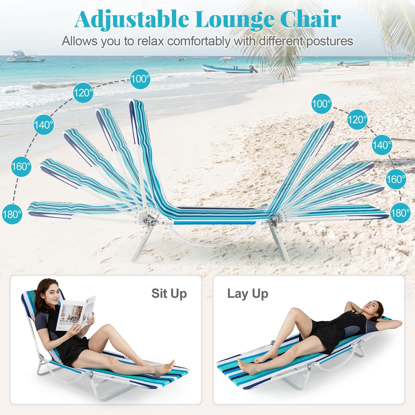 GYMAX Tanning Chair, 2Pcs Folding Beach Chairs with Adjustable Backrest, Footrest, 330lbs Capacity & Shoulder Strap, Portable Layout Sunbathing Loungers for Outside, Patio, Poolside