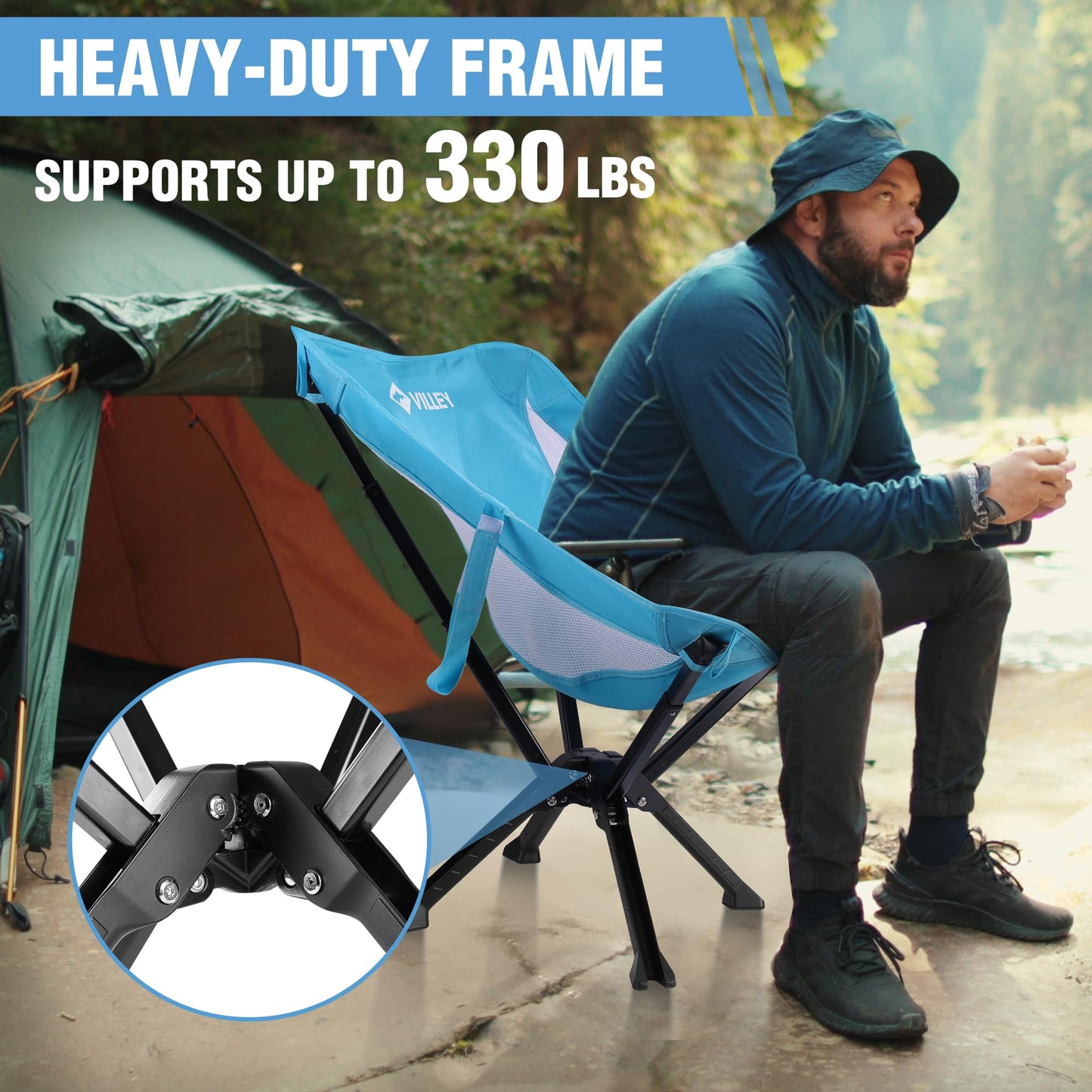 VILLEY Portable Folding Chair Lightweight Camping Chair No Assembly Needed, Quick Setup for Beach, Hiking, Supports 330 LBS, Blue, 2 Pack