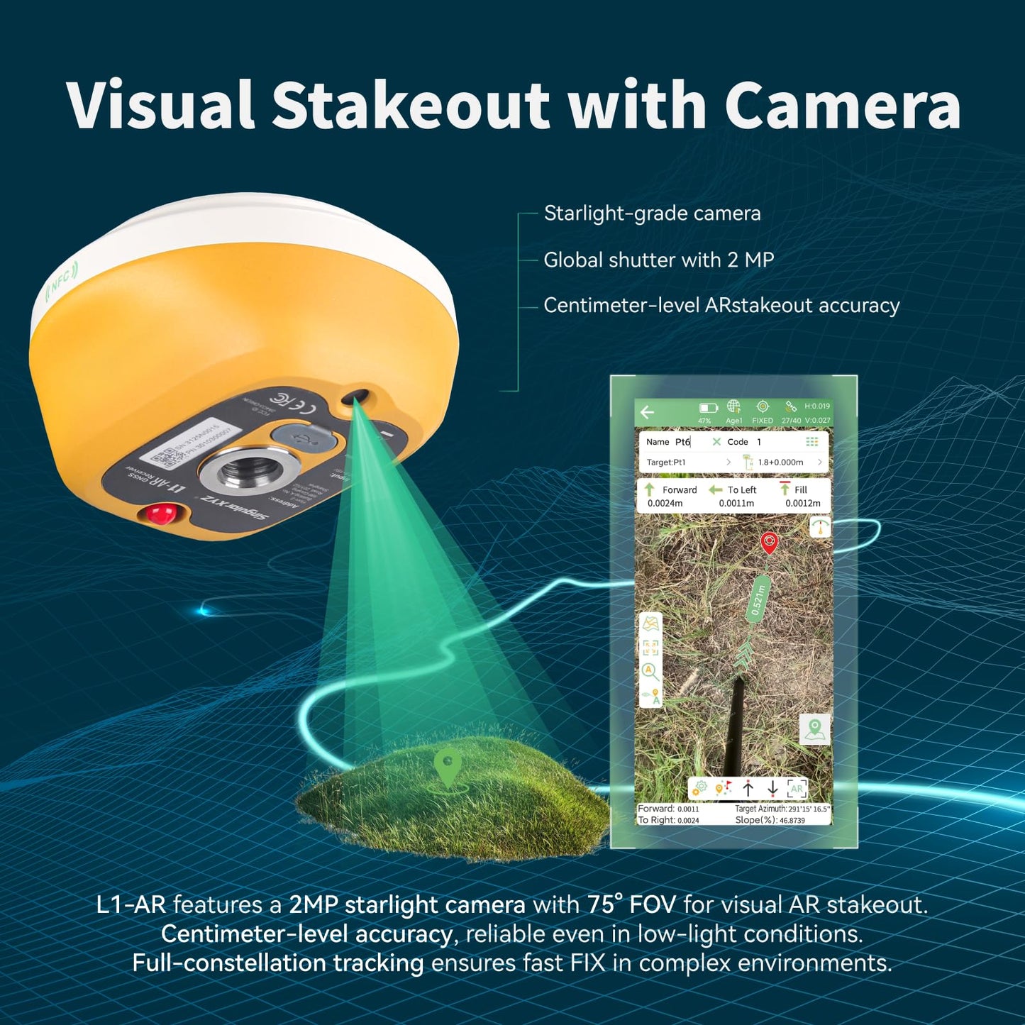 L1-AR GNSS RTK Base+Rover – RTK GPS Handheld Collector with Software & Visual Stakeout with Camera, Global Shutter with 2 MP, 2cm Accuracy, 120° Tilt Survey | Professional Support