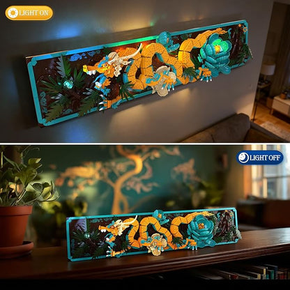 JMBricklayer Mythic Dragon Tiles Building Block Sets with LED Lights for Adults 70020 Wall Art Crafts Frame Building Sets Home &amp Office Decor Dragon Kits with Flowers Creative Gifts for Men Wo