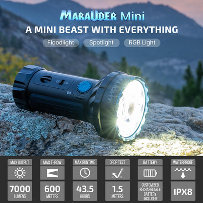 OLIGHT Marauder Mini 7,000 Lumens Bright Flashlight with 600 Meters Beam Distance, Powerful RGB Lights, Magnetic Rechargeable for Outdoors Work, Hunting, and Searching(Black)