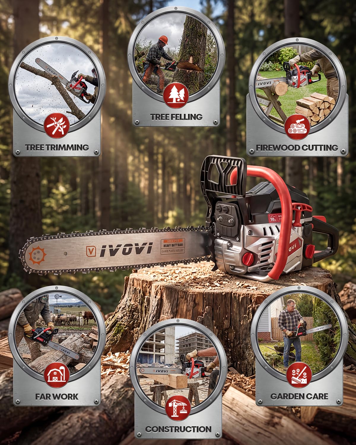 IVOVI 63CC Gas Powered Chainsaw with 20 and 18 Inch Bars, 3.7HP 2-Cycle Engine for Tree Felling, Logging and Firewood Preparation, Includes Portable Carrying Pouch and Tool Kit (Yello)