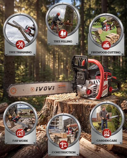IVOVI 63CC Gas Powered Chainsaw with 20 and 18 Inch Bars, 3.7HP 2-Cycle Engine for Tree Felling, Logging and Firewood Preparation, Includes Portable Carrying Pouch and Tool Kit (Yello)