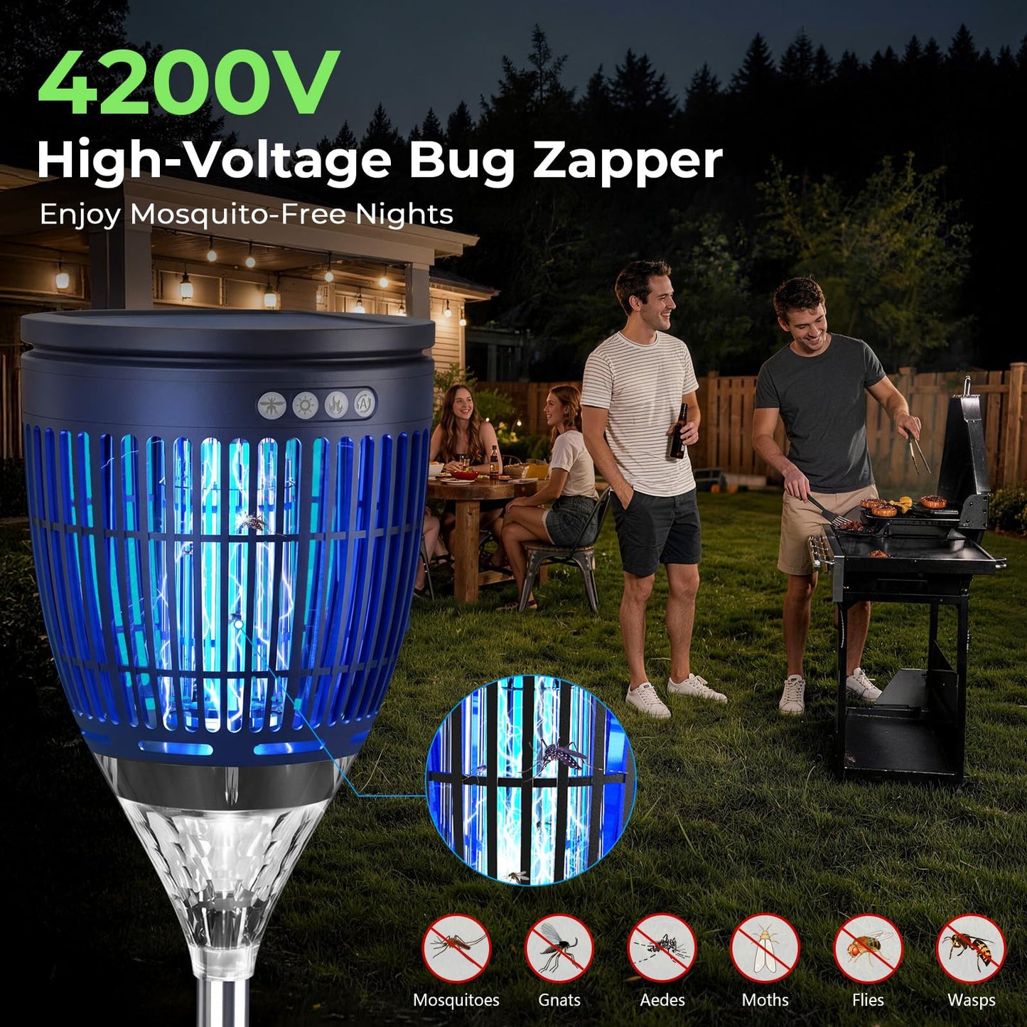 Solar Bug Zapper Outdoor, 3 in 1 Solar Mosquito Zapper with Flame, Projection Mode, Auto On/Off, Grounding Bracket, IPX5 Waterproof, Solar Powered Mosquito Trap for Paito Backyard Garden Camping
