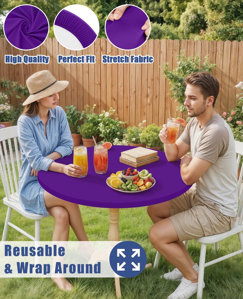 Moosfor Round Spandex Tablecloth, Elastic Fitted Waterproof Tablecloths for 42"-50" Tables, Stretch Washable Picnic Table Cover for Camping, Dining, Indoor and Outdoor, Purple