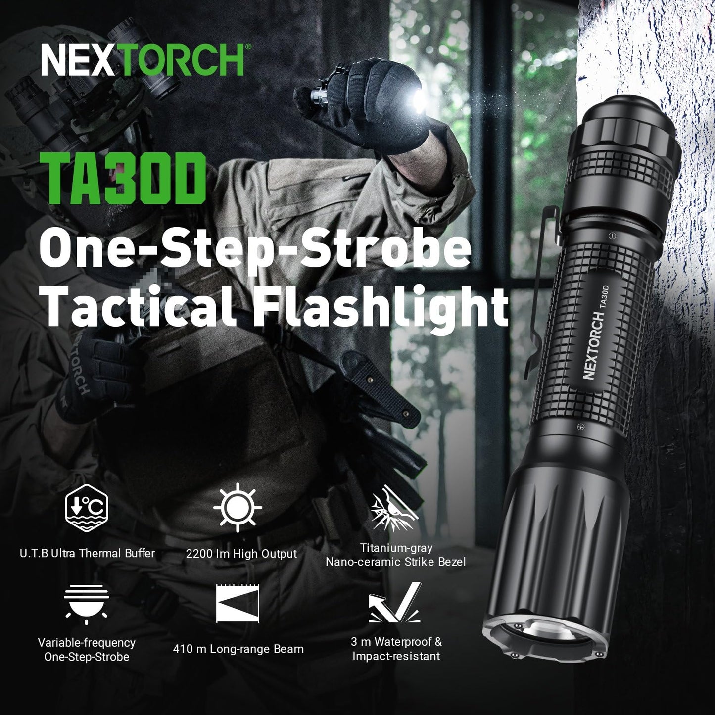 NEXTORCH TA30D Tactical Flashlight 2200 Lumens, Waterproof High Lumens Bright Powerful Pocket EDC Rechargeable Flashlight with 5 Modes & Strobe & Ring for Tactical Emergency Outdoor Night Search
