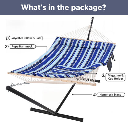 SUNCREAT Hammock Double Hammock with Stand, Carrying Bag, Two Person Cotton Rope Hammock, Blue Stripe