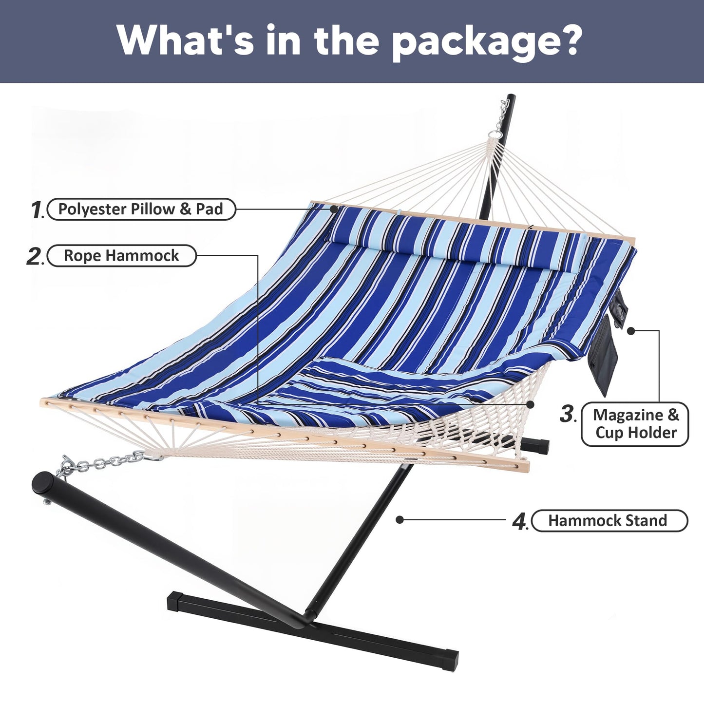 SUNCREAT Hammock Double Hammock with Stand, Carrying Bag, Two Person Cotton Rope Hammock, Blue Stripe