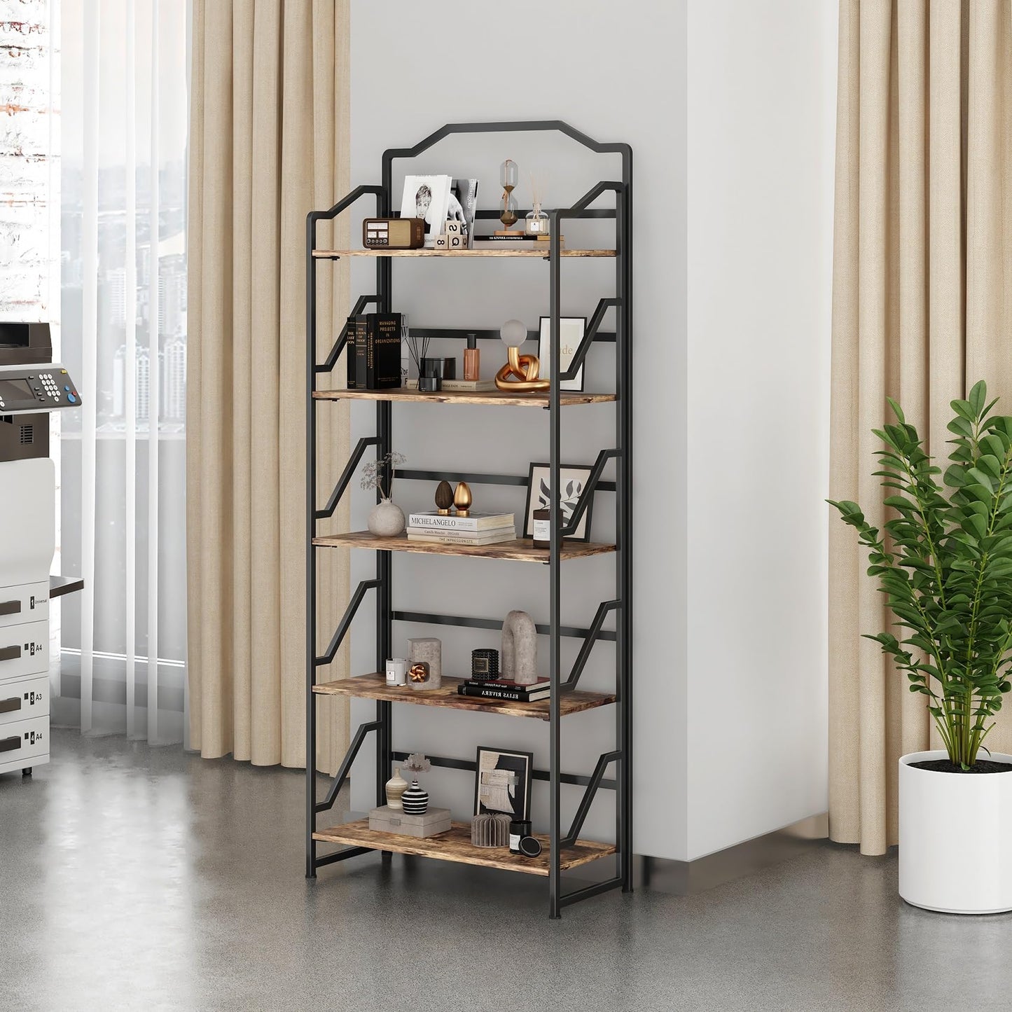 JSB 5 Tier No Assembly Folding Bookshelf, Foldable Storage Bookcase for Home Office, Space-Saving Storage Shelf for Living Room, Bedroom (Rustic Brown, 5-Tier)