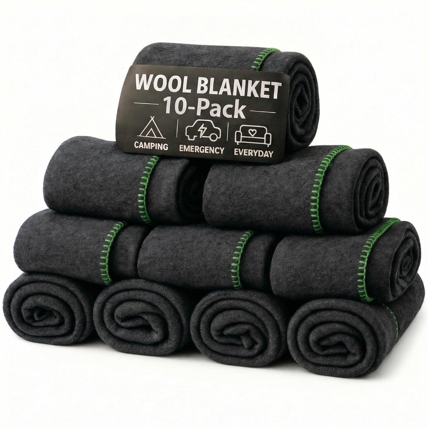Wool Camping Blanket 10-Pack - 70% Wool Heavy-Duty Military Style Throw, Warm & Washable, Fire Retardant Cover for Emergency, Survival & Outdoor Use – For Camping, Car, Home & Hiking, Grey 66x90