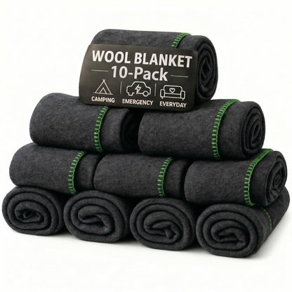 Wool Camping Blanket 10-Pack - 70% Wool Heavy-Duty Military Style Throw, Warm & Washable, Fire Retardant Cover for Emergency, Survival & Outdoor Use – For Camping, Car, Home & Hiking, Grey 66x90