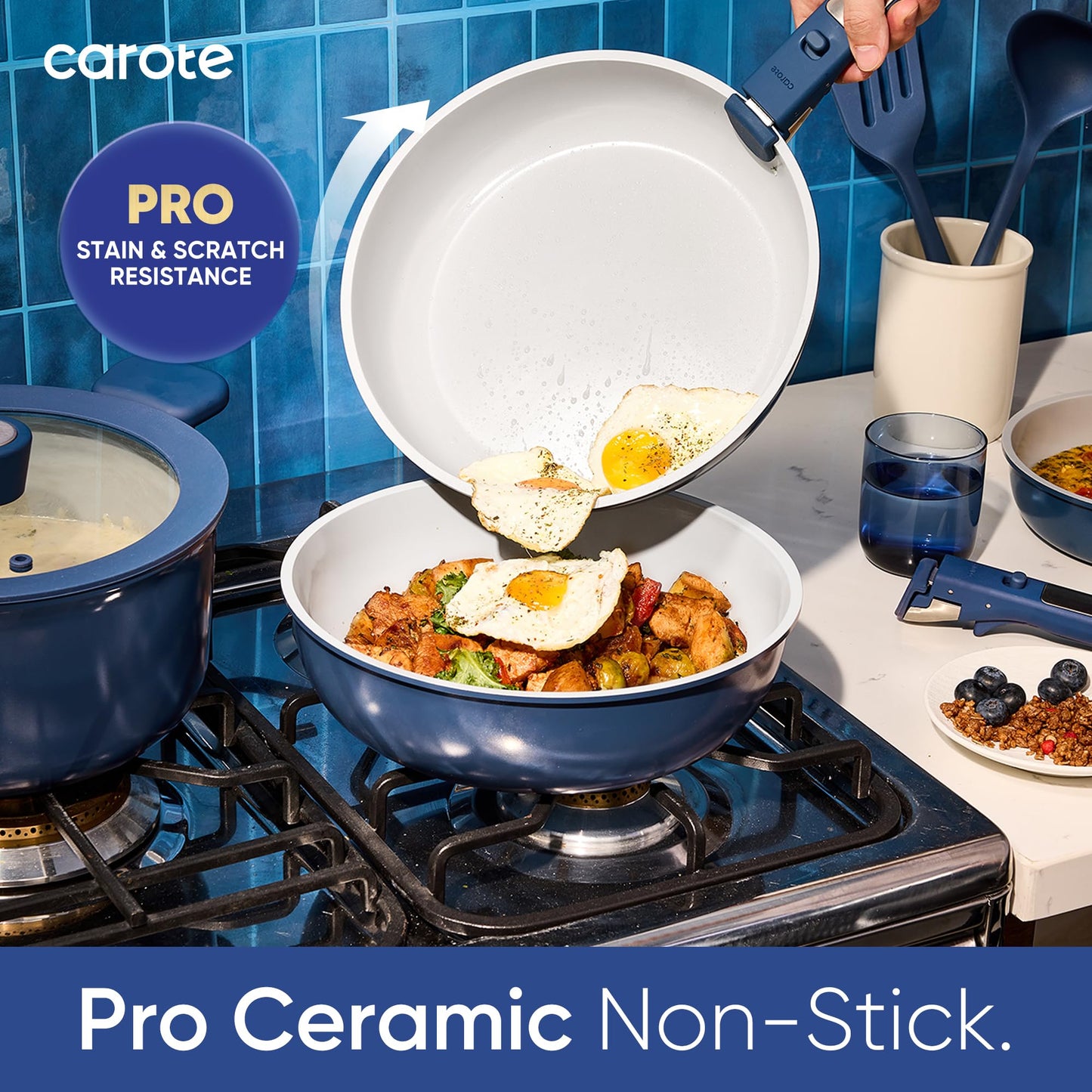 CAROTE 27pcs Ceramic Cookware Set Nonstick, Pots and Pans Set Non Stick, Non Toxic Cookware Detachable Handles, Dishwasher/Oven Safe, RV/Camping Cookware with Kitchen Utensils, Blue