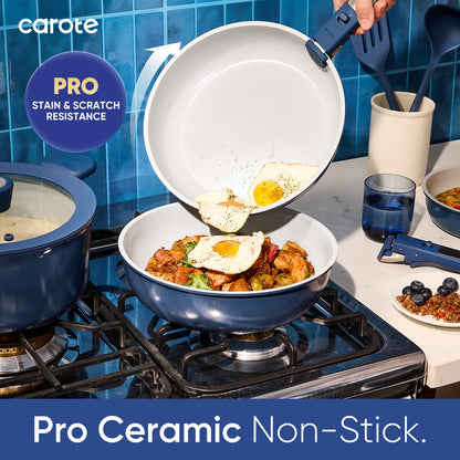 CAROTE 27pcs Ceramic Cookware Set Nonstick, Pots and Pans Set Non Stick, Non Toxic Cookware Detachable Handles, Dishwasher/Oven Safe, RV/Camping Cookware with Kitchen Utensils, Blue