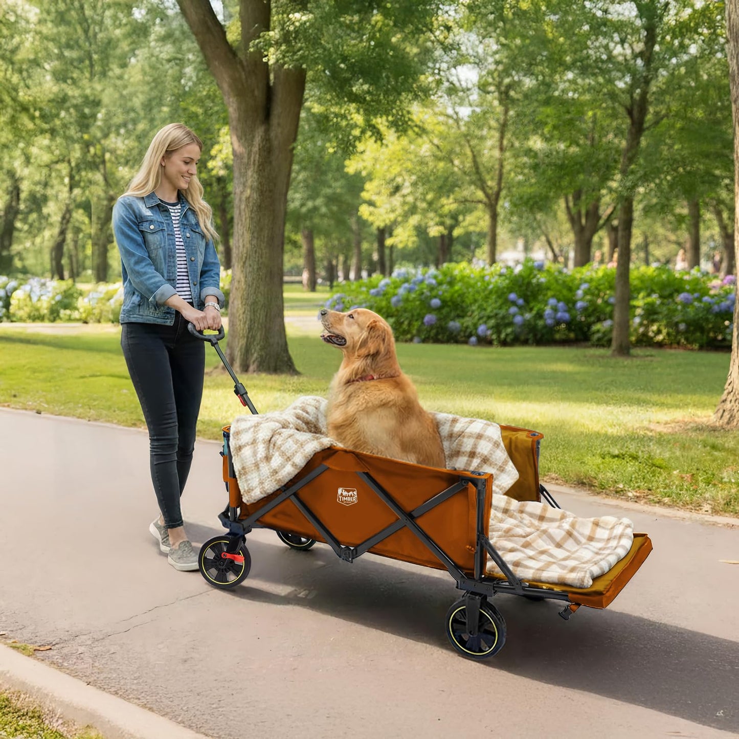 Timber Ridge 49" Extra Long Collapsible Folding Wagon with Tailgate and Brakes, 300lbs Heavy Duty Foldable Wagon with Adjustable Handle, 250L Capacity Portable Cart for Outdoor Camping Sports, Orange