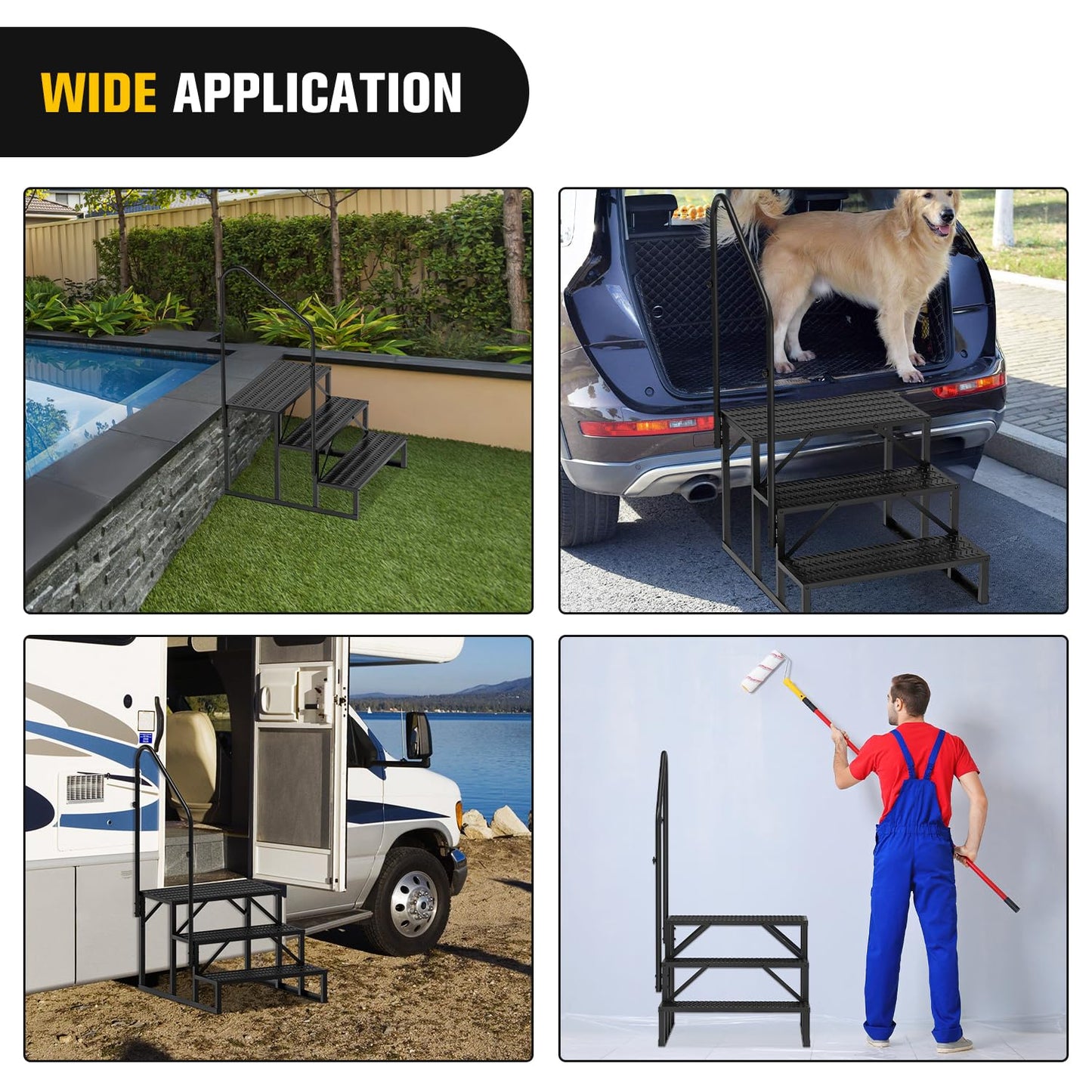 Nilight RV Steps with Handrail, 3 Steps Hot Tub Steps Outdoor RV Stairs Step Portable Mobile Motor Home Stairs for Camper Travel Trailers Dock Entry Steps 5th Wheel RV Porch with Anti-Slip Handrail