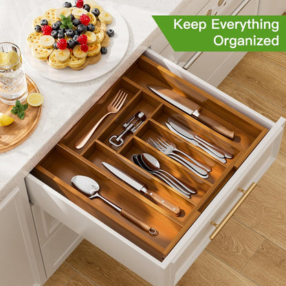 Pipishell Bamboo Expandable Drawer Organizer - Adjustable Silverware & Utensils Holder | Brown