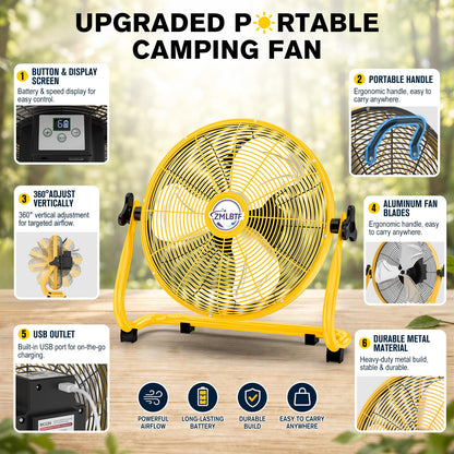 ZMLBTF 16" Solar Powered Fan with 20W Solar Panel & Rechargeable Battery, Portable, Quiet 12 Speed, 360° Tilt Head for Outside, Camping, Travel, Greenhouse, Chicken Coop, Patio, gazebo (Yellow)