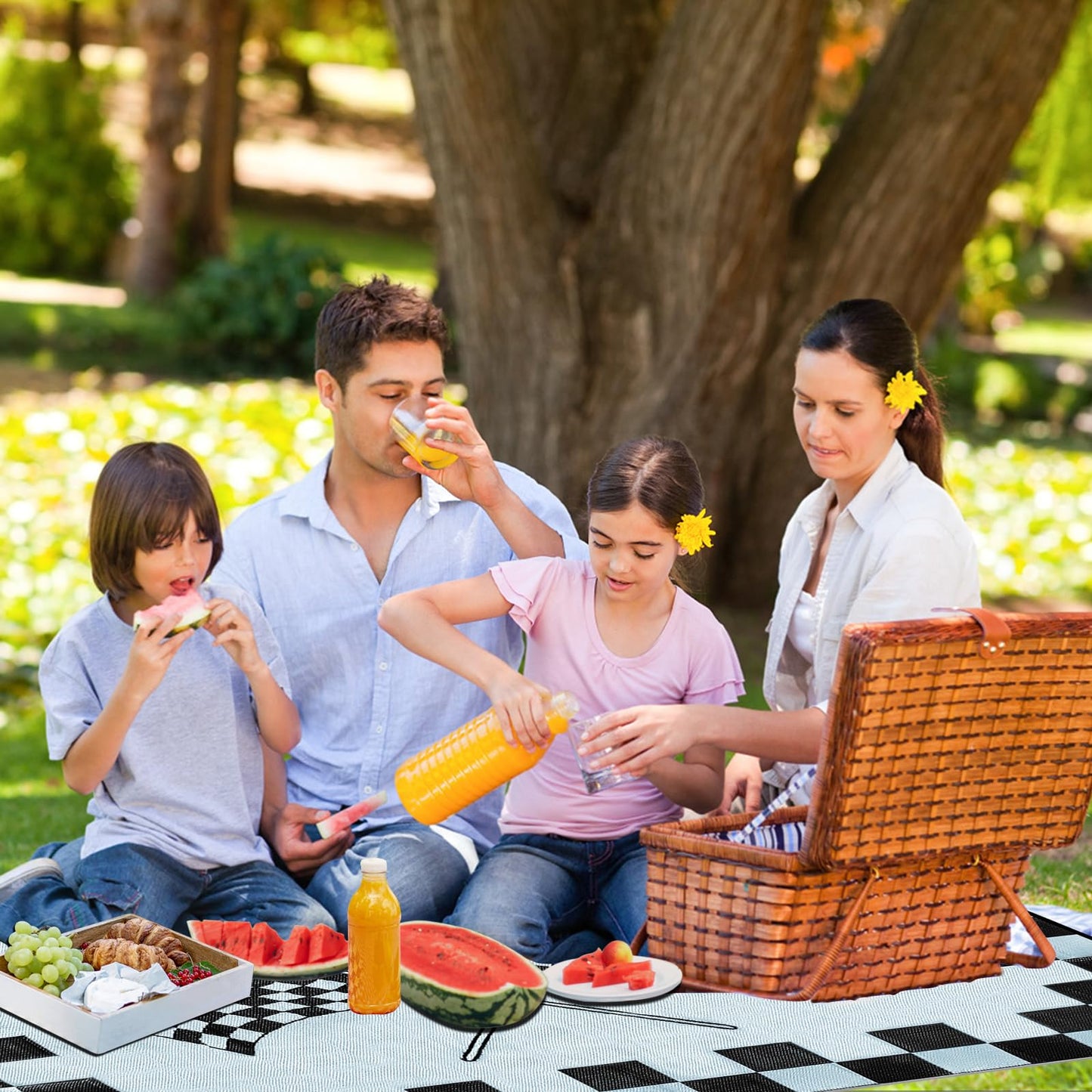 EEZ RV Products 9ft x 18ft Heavy Duty Reversible/Durable Outdoor Patio/RVing Camping Mats Come with Large Storage Bag & 6 Sets of Stakes and Washer, Black & White Checker Flag