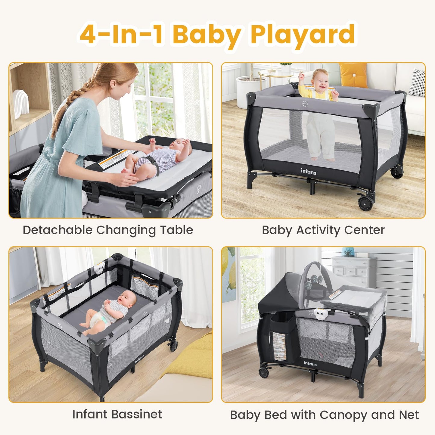 INFANS 4 in 1 Pack and Play, Portable Travel Baby Playard with Bassinet, Changing Table, Canopy, Mosquito Net, Hanging Toys, Music Box, Storage Bag, Large Playpen from Newborn to Toddlers (Black)
