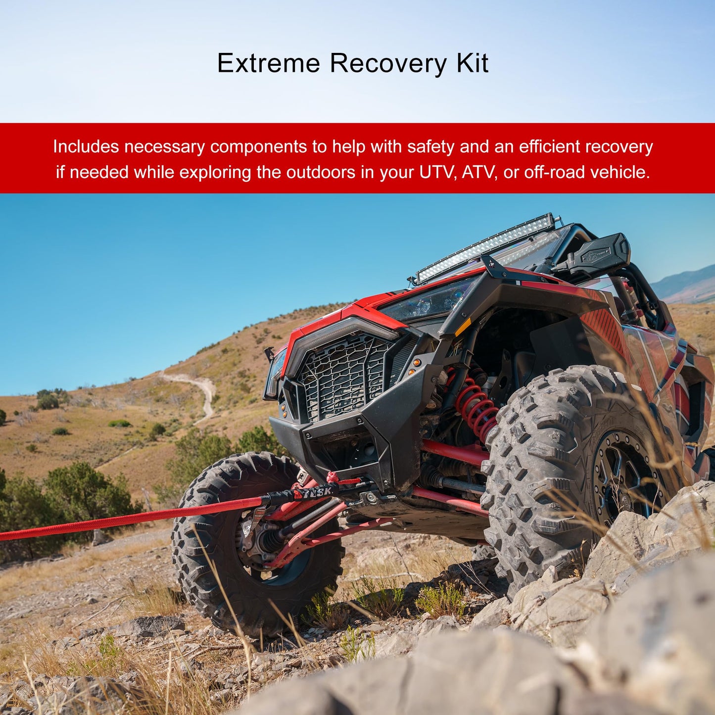 Tusk Heavy Duty UTV/ATV Kinetic Recovery Kit with Kinetic Rope (5/8” x 20’) Tree Strap (3' X 8') Aluminum Snatch Recovery Ring and Two Shackles (Stage 3, Synthetic)