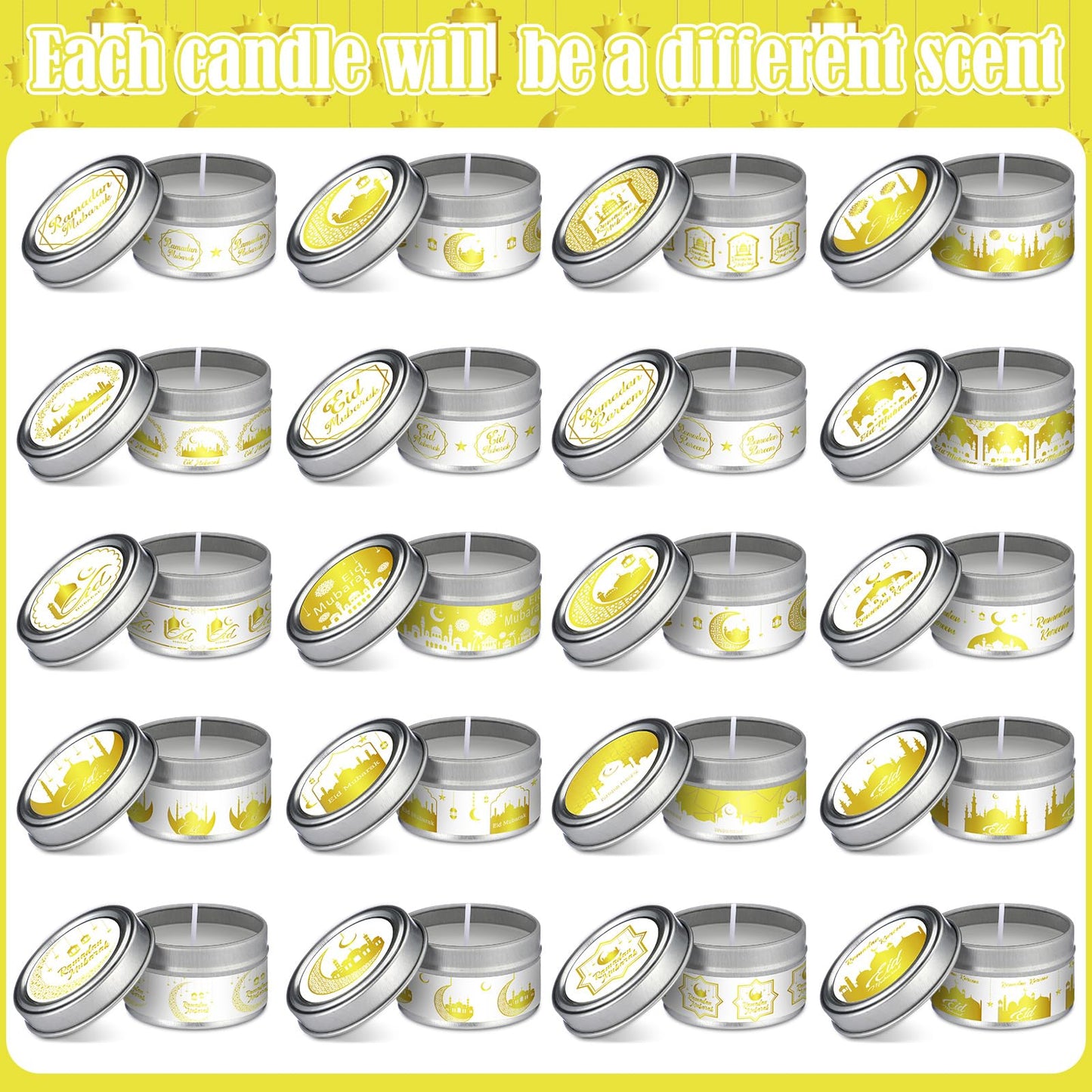 MTLEE 20 Pcs Ramadan Mubarak Scented Candles Bulk, 1 oz Eid Wax Candles, Muslim Islam Meditation Decor, Islamic Ramadan Gifts for Family Home Eid Celebration Party Favor, Assorted Scents(White Gold)