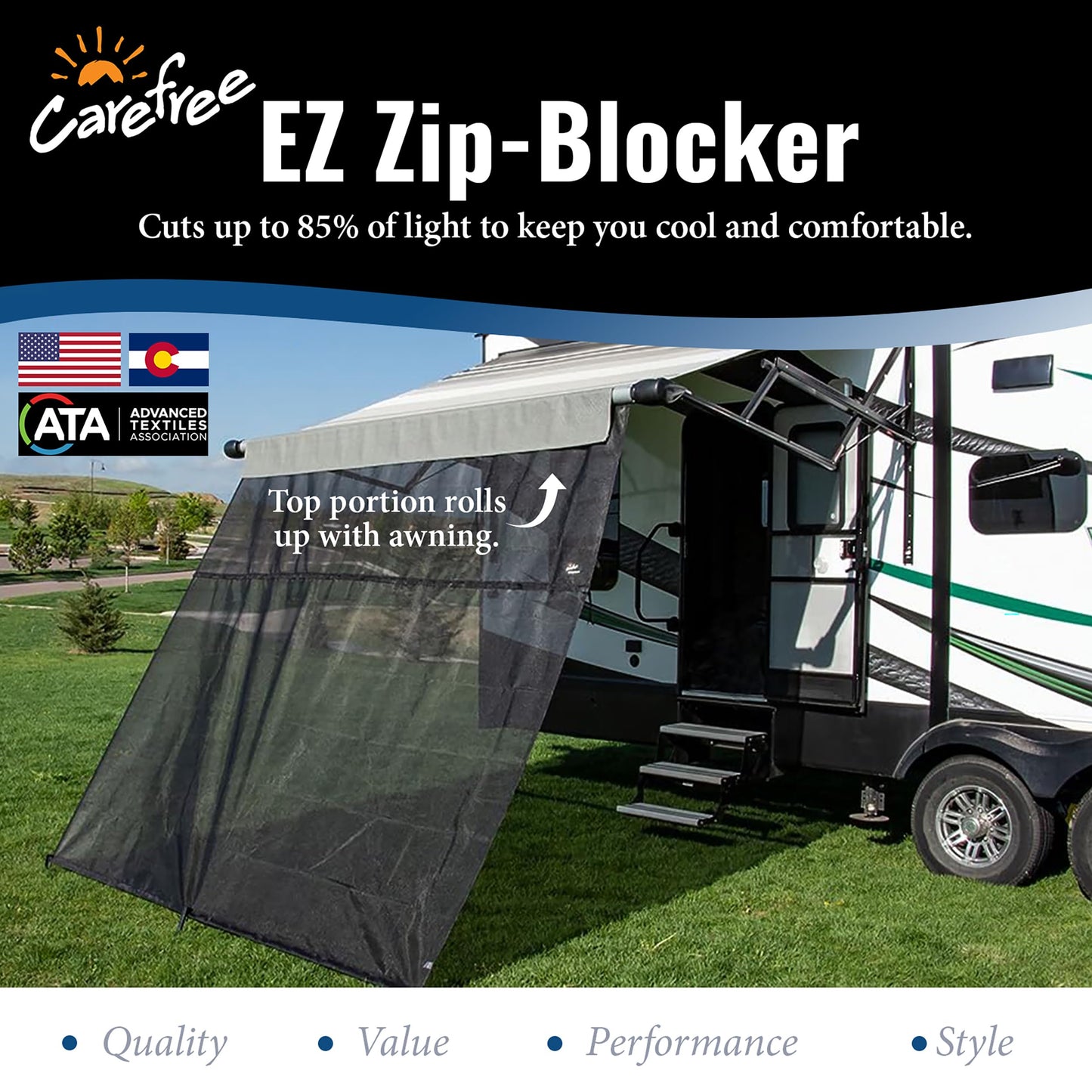 CAREFREE 701009ACD Black 10' x 9' Drop RV Awning EZ ZipBlocker