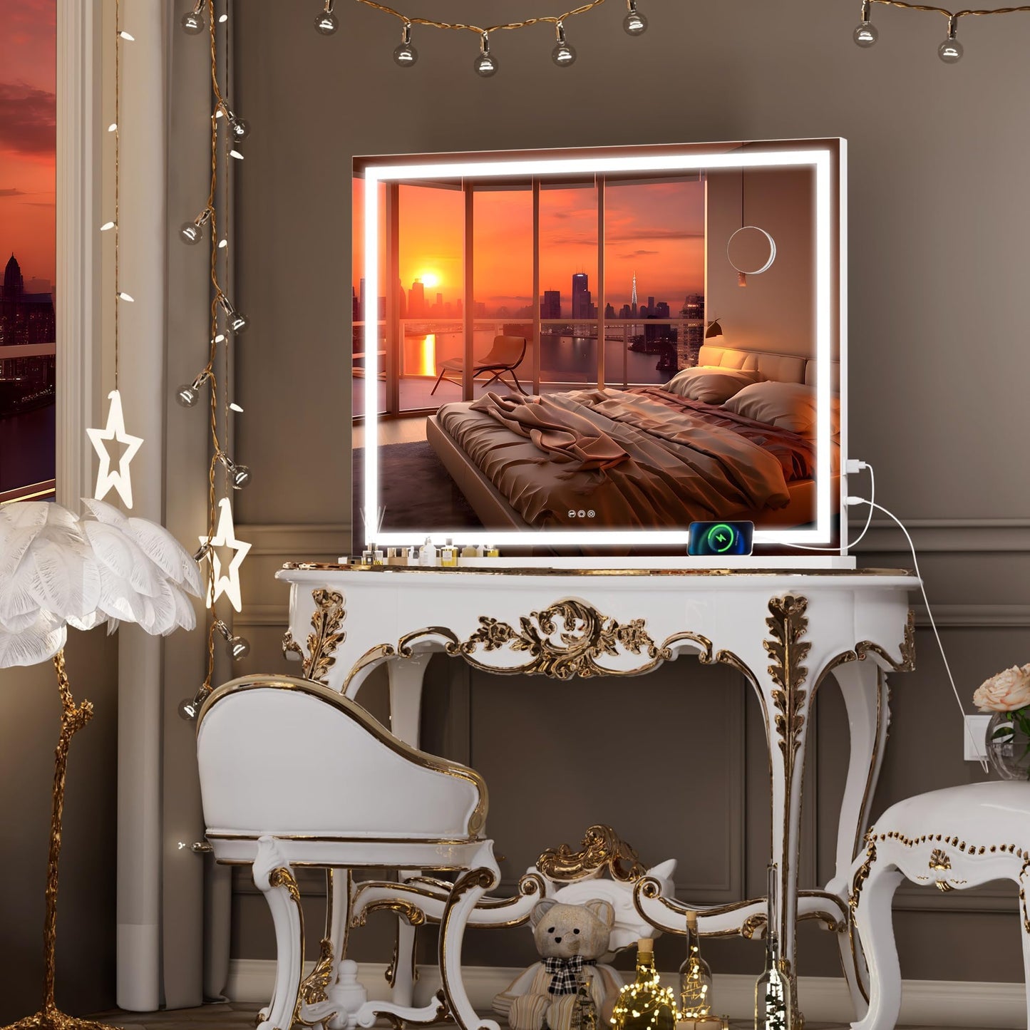 Hasipu Vanity Mirror with Lights and Bluetooth Speaker, 40" x 29.5" LED Makeup Mirror, Lighted Makeup Mirror with Dimmable 3 Modes, USB Charging Port, Square White