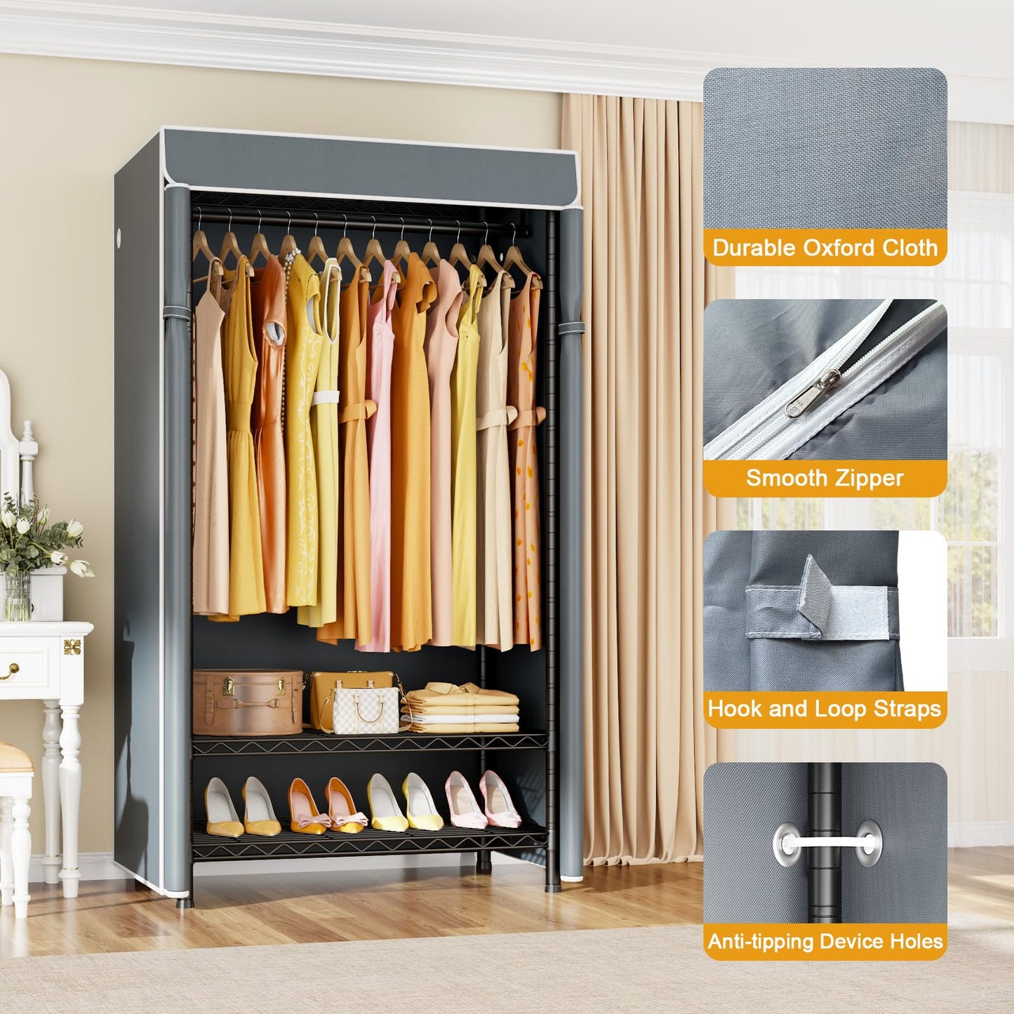 ULIFHOME H5C Clothes Rack with Cover, Portable Closet for Hanging Clothes, Covered Clothing Racks Heavy Duty, Garment Racks with Shelves, Max Load 360LBS, Black Closet Rack with Gray Cover