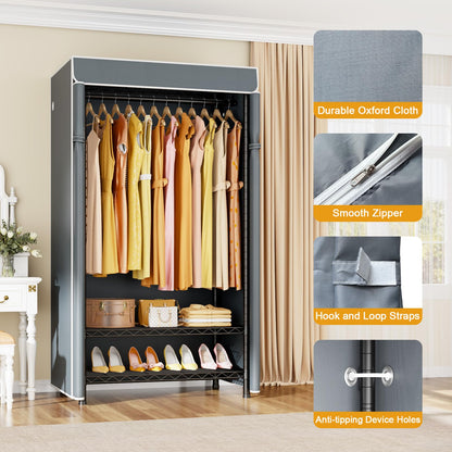 ULIFHOME H5C Clothes Rack with Cover, Portable Closet for Hanging Clothes, Covered Clothing Racks Heavy Duty, Garment Racks with Shelves, Max Load 360LBS, Black Closet Rack with Gray Cover