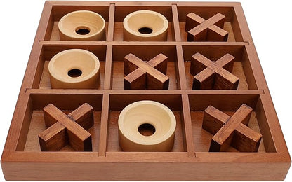 Wooden Tic Tac Toe Game – 9 Inch Solid Wood Board with X and O Pieces Decorative Coffee Table Game Classic Home Décor Accent