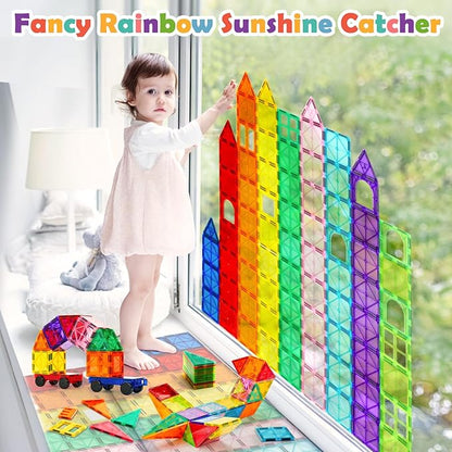 132 PCS Magnetic Tiles Building Blocks with 2 Cars STEM Educational Construction Montessori Toys for Kids Ages 3 4 5 6 7 8 9 Magnet Building Set Gift for Boys Girls