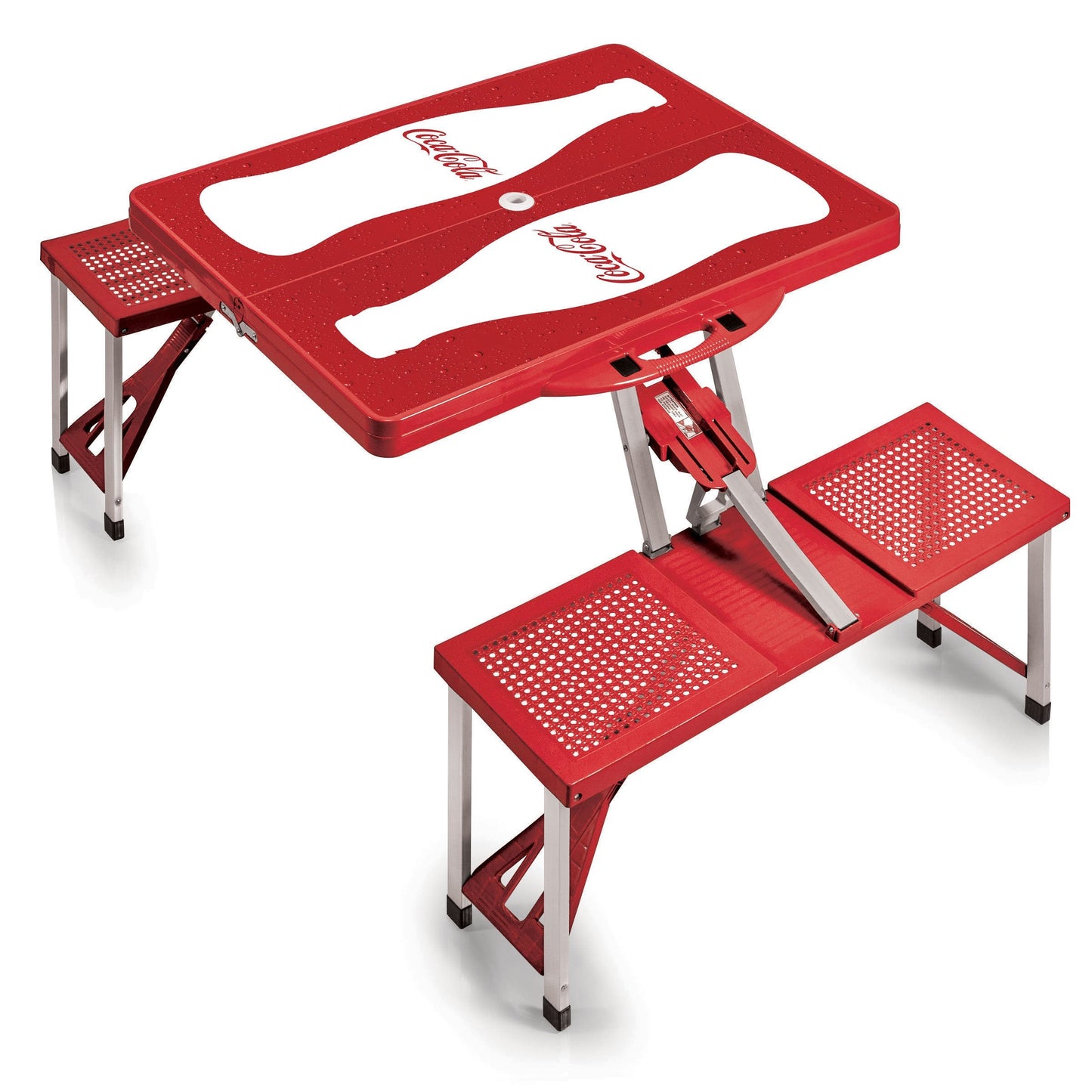 Picnic TIME Coca-Cola Bottle Folding Picnic Table with Seats, Collapsible Aluminum Table and Bench Set with Umbrella Hole, Lightweight Portable Table for Camping, Travel, Tailgating, Backyard, (Red)