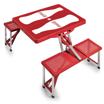 Picnic TIME Coca-Cola Bottle Folding Picnic Table with Seats, Collapsible Aluminum Table and Bench Set with Umbrella Hole, Lightweight Portable Table for Camping, Travel, Tailgating, Backyard, (Red)