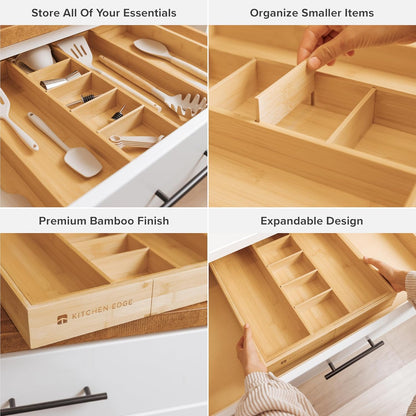 KitchenEdge Adjustable Bamboo Drawer Organizer - Expandable Utensil Storage with 9 Compartments, 28 Inches Wide