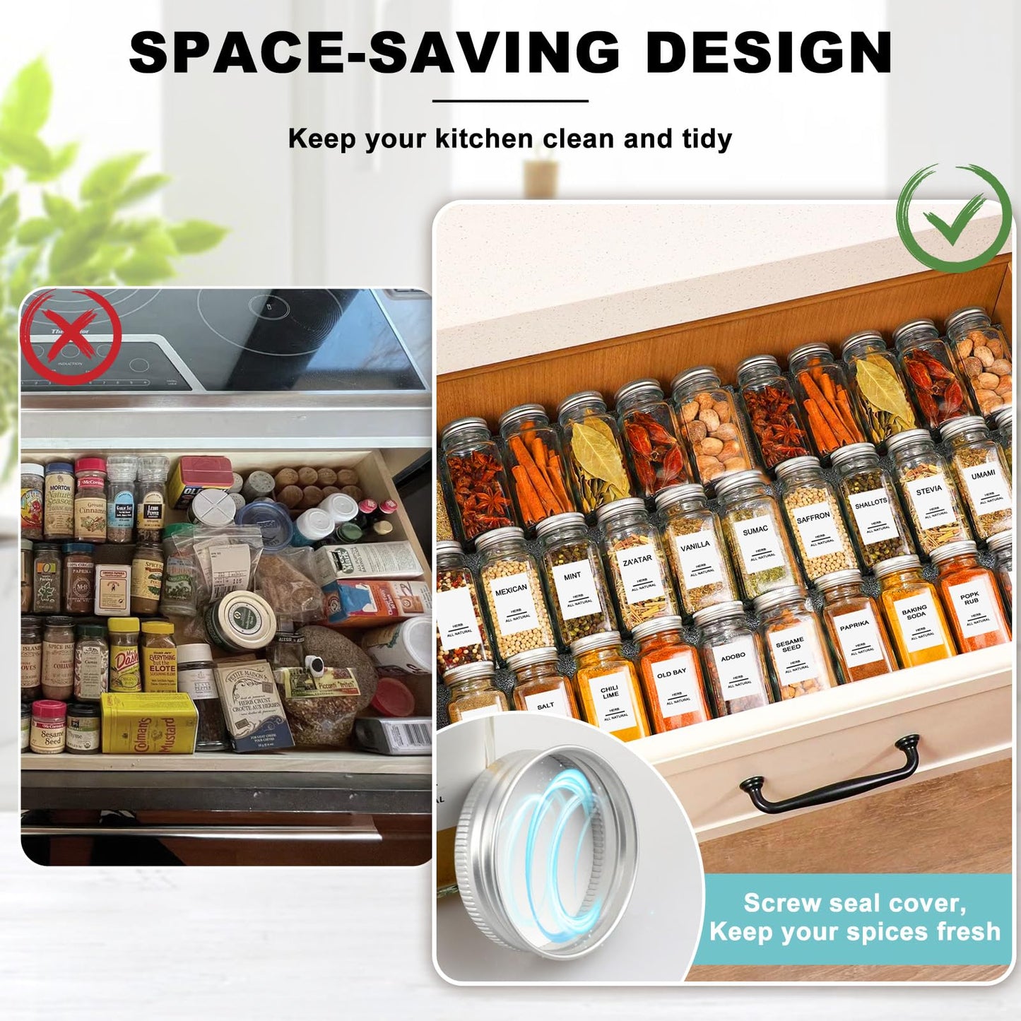 AISIPRIN 24 Pcs Glass Spice Jars with 398 Labels, 4oz Empty Square Spice Containers Seasoning Bottles - Shaker Lids, Funnel, Brush and Marker Included(Black Metal Caps)