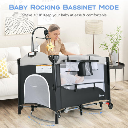 INFANS Pack and Play, 5 in 1 Baby Bedside Sleeper with Bassinet, Diaper Changer, Mattress, Carry Bag, Music Box Hanging Toys, Foldable Bedside Crib, Portable Playard for Newborn Toddlers (Gray)