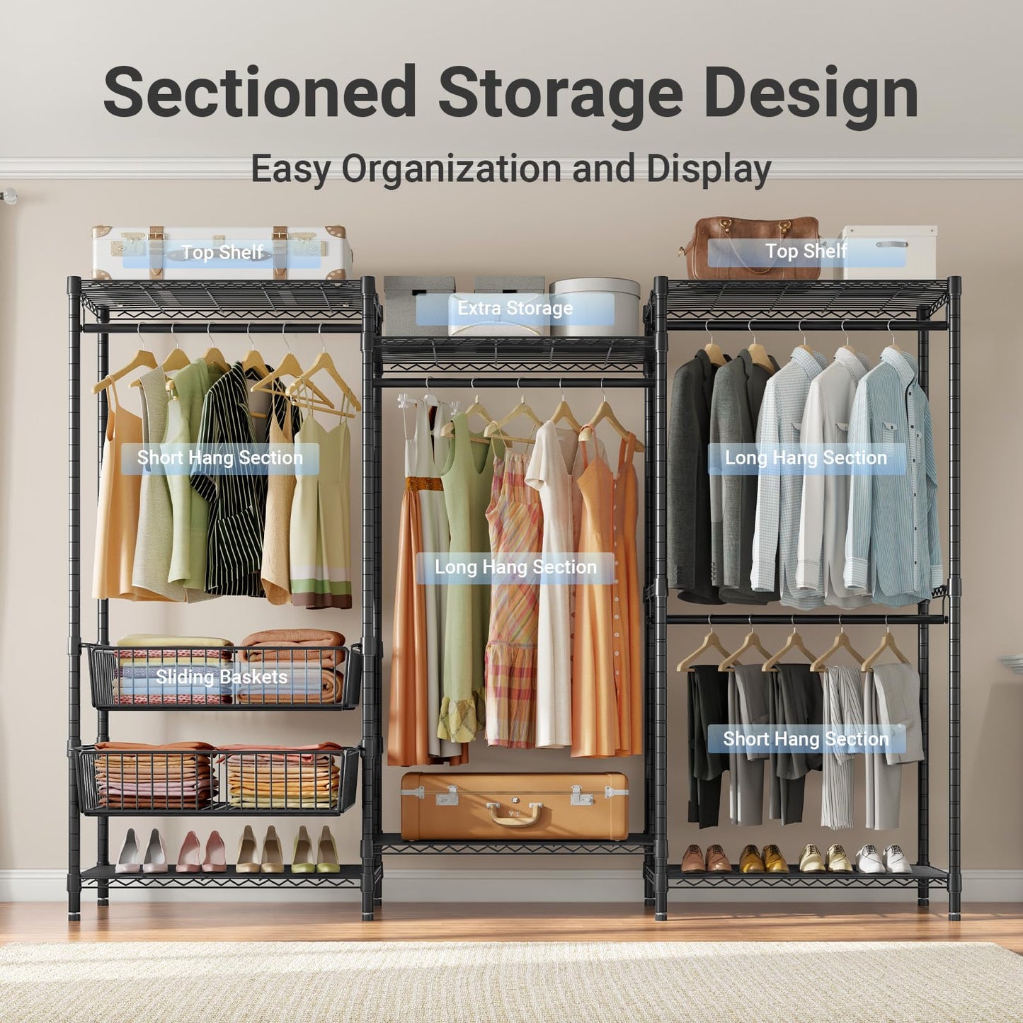 VIPEK V10 Garment Rack Large Size Heavy Duty Clothes Rack with Hanging Rods, Adjustable Shelves & 2 Slid Storage Baskets, Wire Clothing Rack 68.9" W x 15.7" D x 76.4" H, Max Load 920 LBS, Black